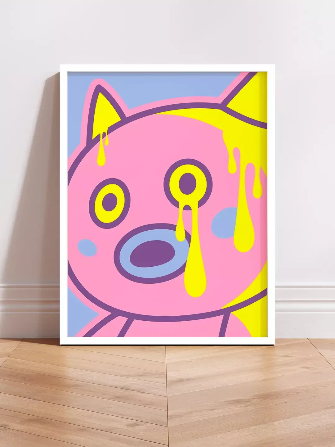 Affiche pop art Mr. Popo “Mope” de Brutal Kortex - Edition limitée à 30 exemplaires avec cadre blanc et certificat d’authenticité Affiche pop art Mr. Popo en édition limitée, tirage d’art encadré blanc, évoquant la fatigue mentale - par Brutal Kortex.
