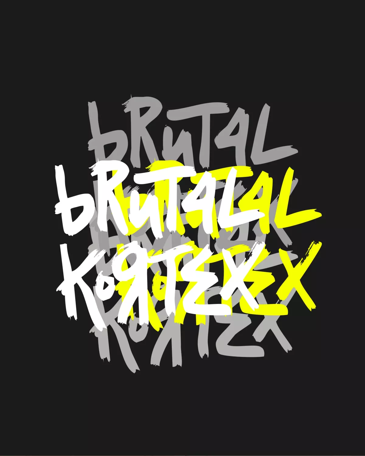 Brutal Kortex graphic sensation Image graphique evc le nom Brutal Kortex sur fond noir superposé en blanc, jaune, gris - effet graphique qui donne une sensation de perturbation