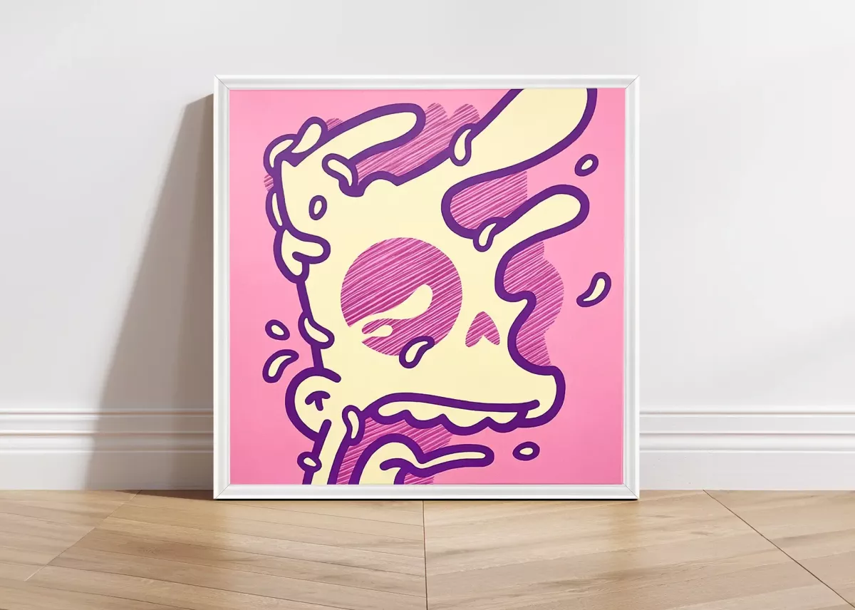 Tableau Pop Art Bart Simpson "Erasure" par Brutal Kortex. Œuvre 'Erasure' de Brutal Kortex, représentant Bart Simpson dans un contexte de subversion de l'image de la pop culture. L'artiste explore la déshumanisation, l'effacement de l'identité et la perte de repères à travers des figures iconiques, dans un style Pop Art brut et introspectif.