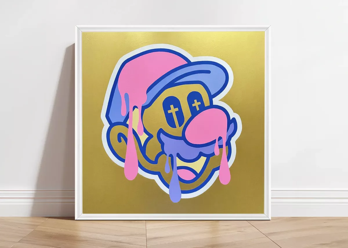 Tableau Pop Art Mario Bros "Gold Happy Death" par Brutal Kortex. Œuvre 'Gold Happy Death' de Brutal Kortex, une critique sociétale sur l'accomplissement de soi imposé, cette fois avec une dominante de couleur or. À travers l'iconique Mario, l'artiste aborde l'injonction à une mort heureuse et sans révolte, tout en questionnant les pressions sociales qui étouffent la rébellion et la liberté individuelle.