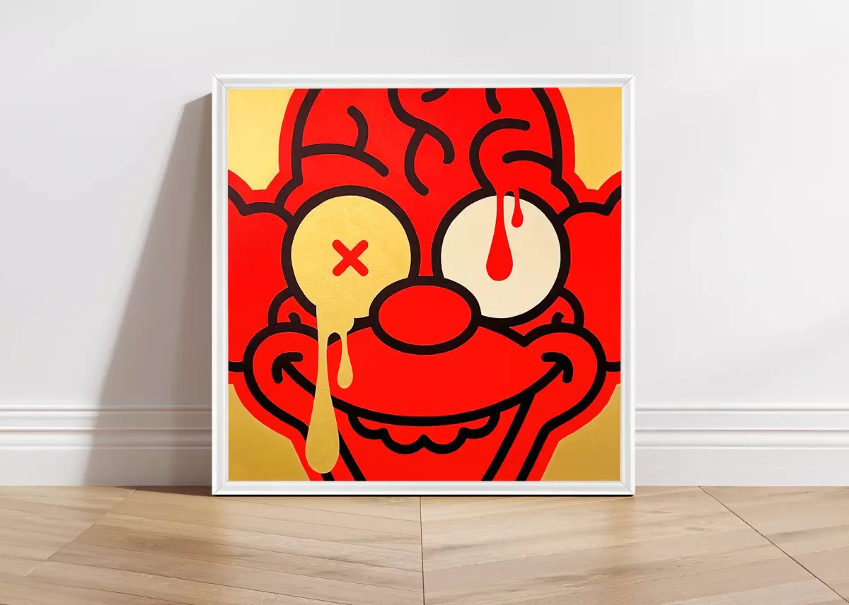 Tableau Pop Art Krusty le Clown "Gold Slay" par Brutal Kortex. Œuvre 'Gold Slay' de Brutal Kortex, mettant en scène Krusty le clown dans une critique de la violence mentale dévastatrice. La toile explore la dualité entre la façade humoristique et la réalité cachée de la souffrance intérieure, symbolisant l'impact destructeur de la pression psychologique.