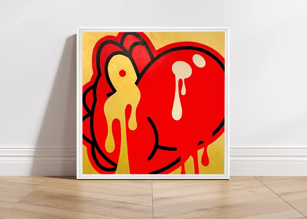Tableau Pop Art Yoshi "Gold Sore" par Brutal Kortex. Œuvre 'Gold SORE' de Brutal Kortex, avec Yoshi comme figure centrale, représentant la douleur mentale et physique du burn-out. Dominée par des nuances d'or et de rouge, cette toile symbolise l'épuisement intense et la souffrance intérieure, capturant l'impact dévastateur d'un état d'épuisement total à la fois mental et physique.