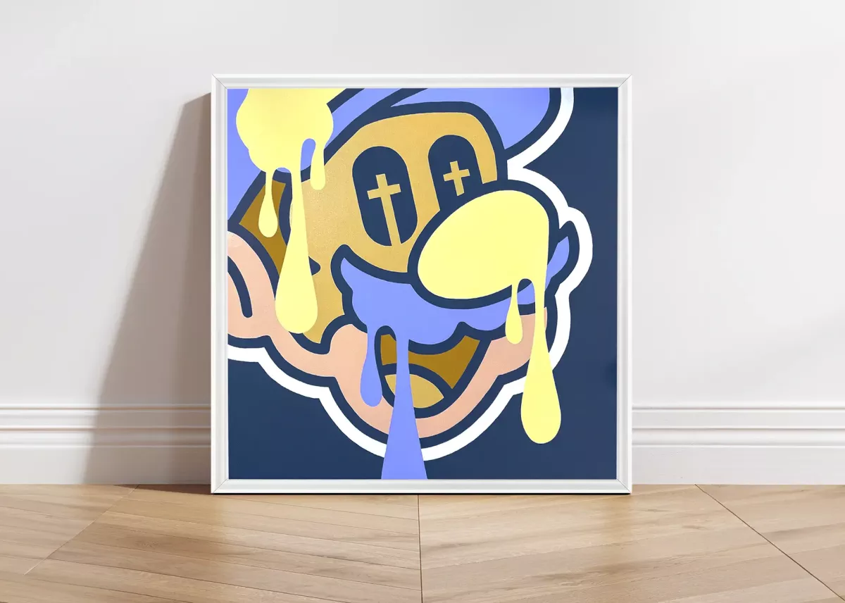 Tableau Pop Art Mario Bros "Happy Death" par Brutal Kortex. Œuvre 'Happy Death' de Brutal Kortex, mettant en scène Mario comme symbole de l'accomplissement de soi imposé. Cette critique sociétale explore les injonctions modernes à atteindre une perfection constante, menant à une mort heureuse et sans révolte, sans espace pour l'individualité ou la remise en question.