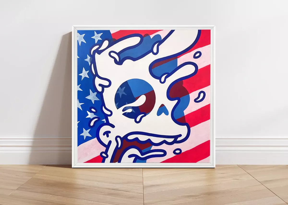 Tableau Pop Art Bart Simpson "Hyperialism" par Brutal Kortex. Toile 'HYPERIALISM' de Brutal Kortex, inspirée de l'impérialisme américain. L'œuvre utilise la figure de Bart Simpson pour explorer le thème de la toute-puissance et de l'uniformisation à travers le prisme de la pop culture.
