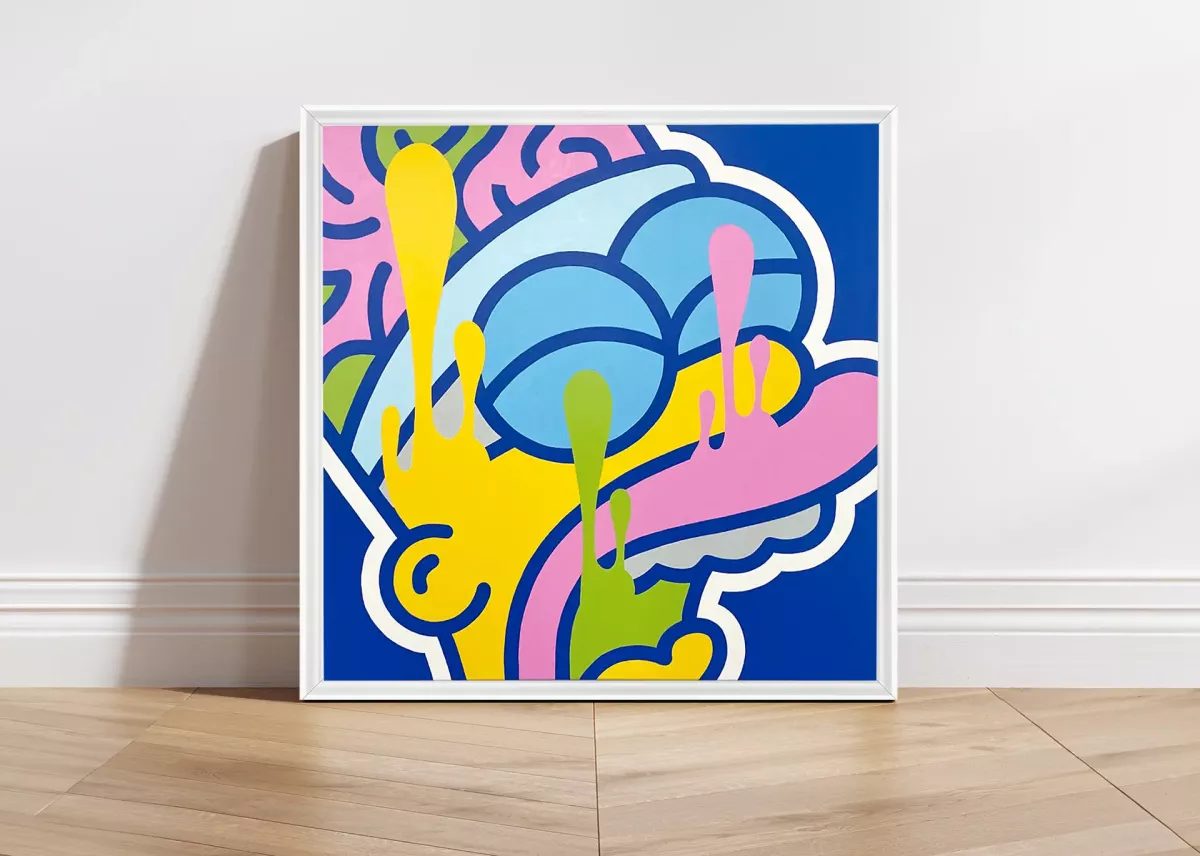 Tableau Pop Art Homer Simpson "Simp My Mind" par Brutal Kortex; Œuvre 'Simp My Mind' de Brutal Kortex, avec Homer Simpson comme icône, représentant le burn-out. Cette toile explore la surcharge mentale et les pressions sociales modernes qui poussent l'individu à l'épuisement, à la perte d'identité et à la rupture intérieure.