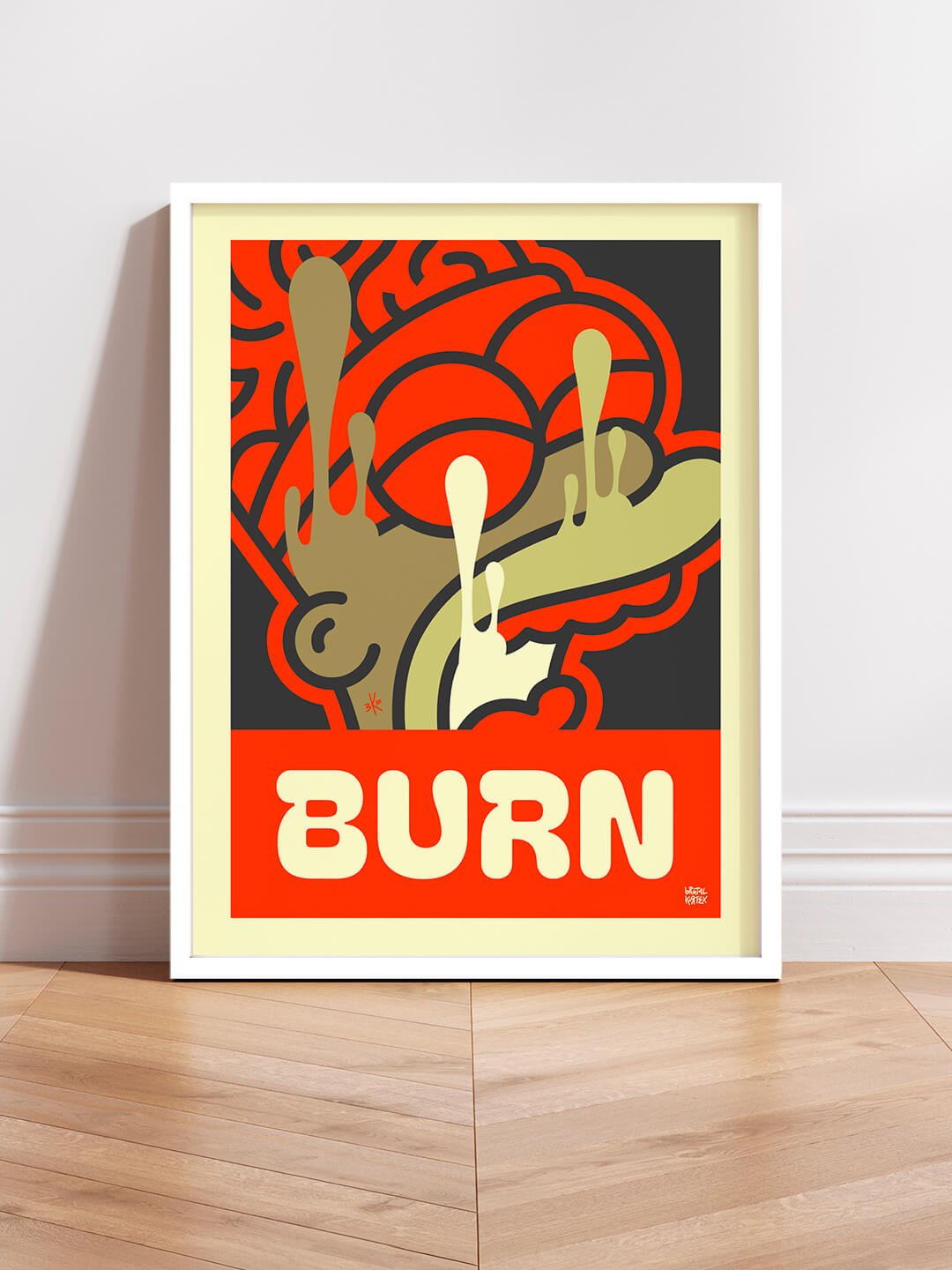 Affiche Grand Format Pop Art Homer Simpson "Burn" de Brutal Kortex - Edition Limitée. Affiche pop art Homer Simpson "Burn" The Red Edition de Brutal Kortex – Edition Limitée. Épuisement mental et burn-out représentés par une icône pop en surcharge émotionnelle. Palette rouge et or.
