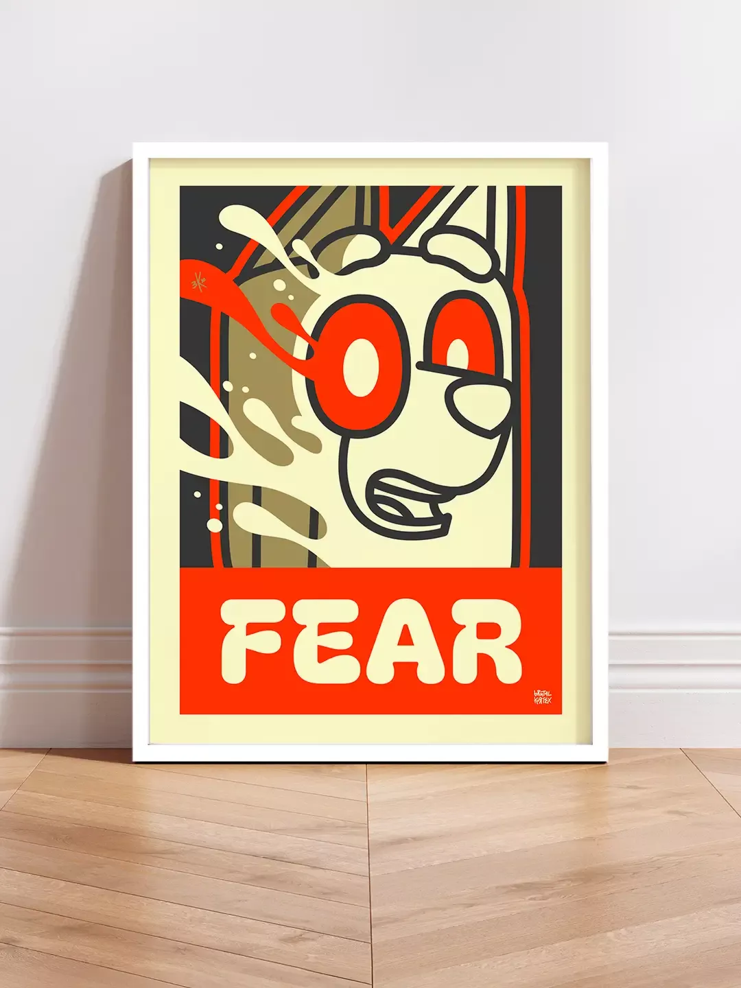 Affiche Grand Format Pop Art Bluey "Fear" de Brutal Kortex - Edition Limitée. Affiche pop art illustrant un personnage iconique pris dans la peur et la vulnérabilité, avec une palette rouge vibrante et contrastée. Tirage d’art limité grand format et certifié.
