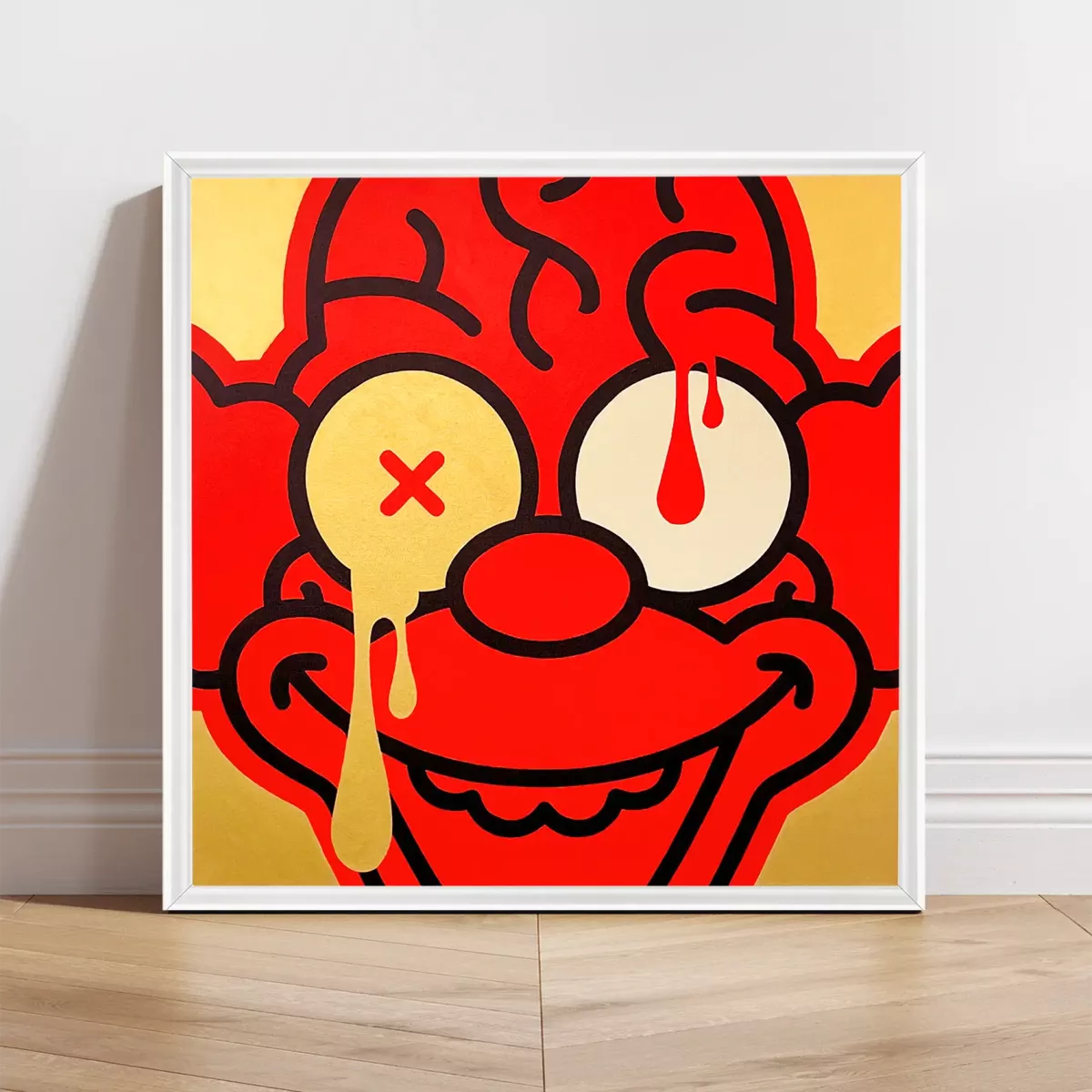 Tableau Pop Art Krusty Le Clown "Gold Slay" de Brutal Kortex Tableau pop art "Gold Slay" de Brutal Kortex, représentant Krusty le Clown dans un instant de bascule mentale, entre tension sourde et fatigue émotionnelle.