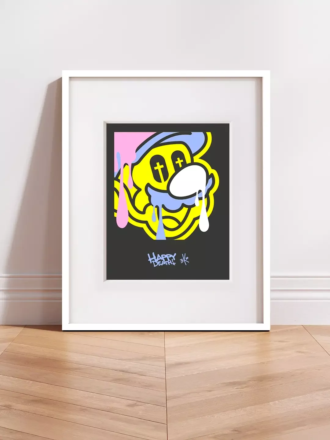Tirage d'art Pop Art Mario Bros"Happy death" par Brutal Kortex. Affiche « HAPPY DEATH – Acide Polaroid Collection » de Brutal Kortex, mettant en scène Homer Simpson dans une critique de la quête imposée de réussite. Édition limitée à 10 exemplaires, numérotée et réhaussée à la main, aux tons noir, jaune, rose et bleu, dénonçant la pression sociale menant à une mort heureuse sans révolte.