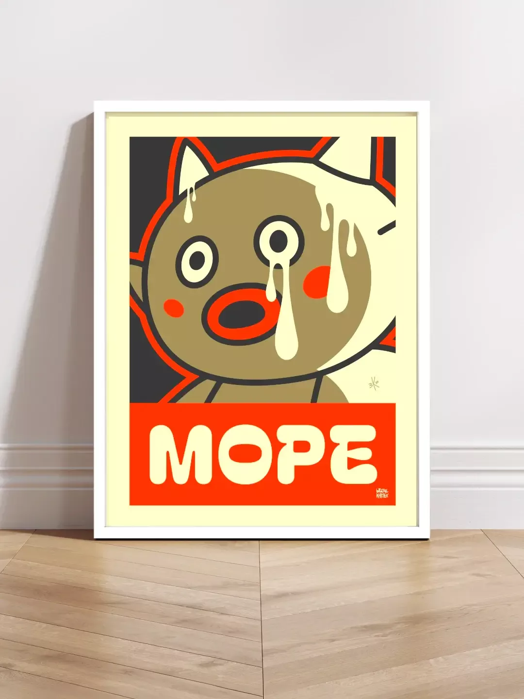 Affiche Grand Format Pop Art Mister Popo "Mope" de Brutal Kortex - Edition Limitée. Affiche pop art représentant un personnage emblématique de l’animation figé dans la mélancolie. Brutal Kortex explore l’abattement silencieux et le poids de la tristesse. Cette Red Edition, composée de tons rouges, crème et or, révèle toute la force de cette vulnérabilité intérieure. Tirage d’art grand format, certifié.