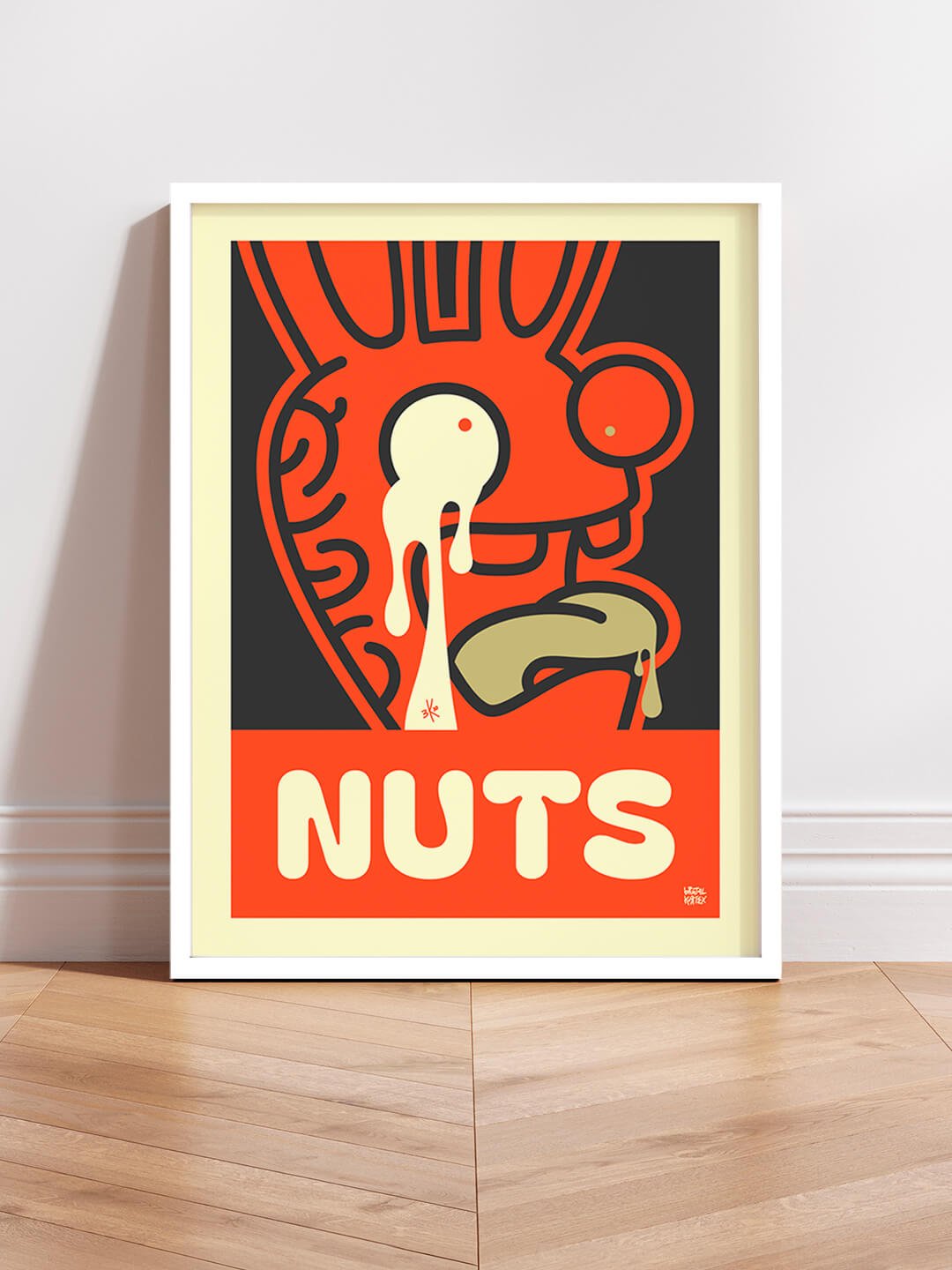 Affiche Grand Format Pop Art Lapins Crétins "Nuts" de Brutal Kortex - Edition Limitée. Affiche pop art les lapins crétins en surchauffe mentale, aux couleurs rouge et or. Création signée Brutal Kortex – tirage "Nuts" - The Red Edition en série limitée.