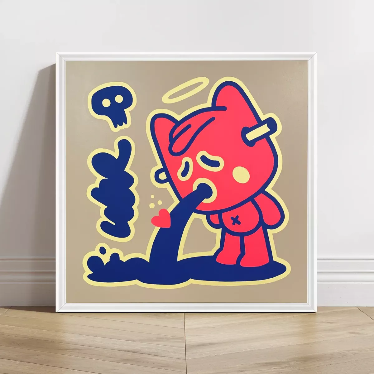 Tableau Pop Art "Puke The War" de Brutal Kortex Toile pop art représentant Puky en train de vomir, exprimant le rejet viscéral de la guerre et de la violence dans le monde. Œuvre de Brutal Kortex dénonçant la saturation face aux conflits contemporains.