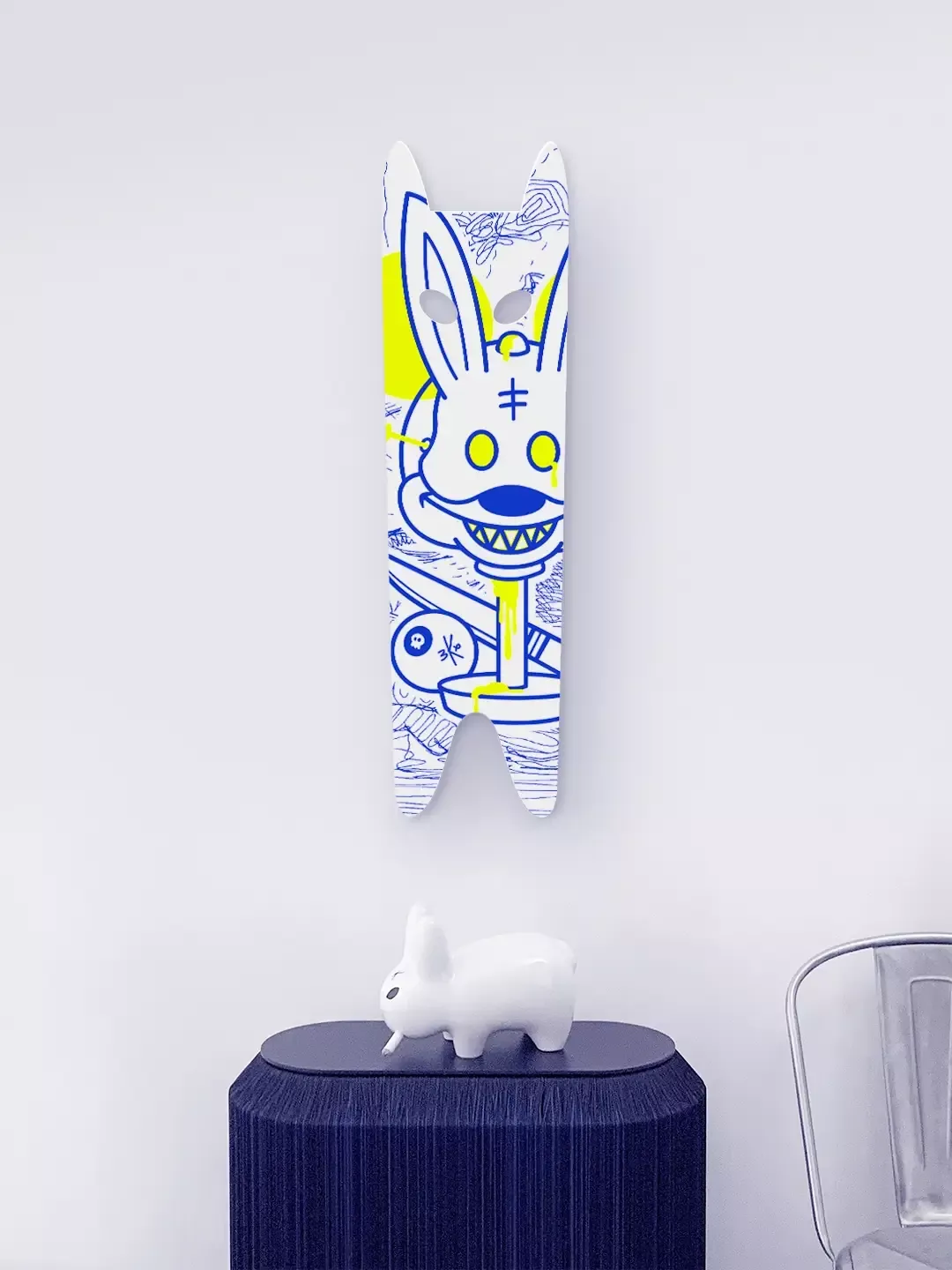 Sculpture Murale Pop Art Mickey par Brutal Kortex. Sculpture murale pop art Brutal Kortex Edition - Unique. Réalisée avec du papier d'art collé sur un panneau bois peuplier, cette œuvre est réhaussée à la main avec du jaune fluo pour une touche vibrante et contemporaine. Représentant l'œuvre Vanity, cette sculpture utilise des couleurs bleu, blanc et jaune fluo pour renforcer son message visuel. Chaque pièce est unique et livrée avec son support mural pour faciliter son installation.