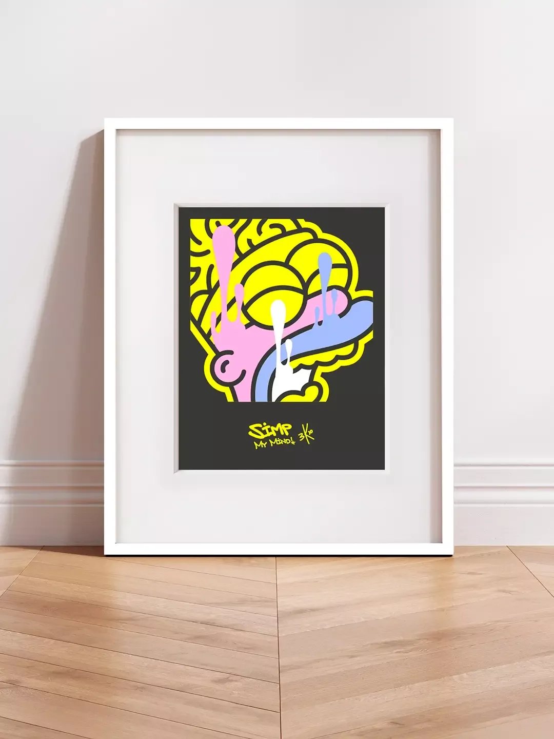 Tirage d'Art Pop Art Homer Simpson "Simp my mind" par Brutal Kortex. Affiche « SIMP MY MIND – Acide Polaroid Collection » de Brutal Kortex, mettant en scène Homer Simpson en symbole du burn-out et de la dissociation mentale. Édition limitée à 10 exemplaires, réhaussée à la main avec des touches lumineuses sur des tons noir, jaune, rose et bleu, capturant la perte d’identité et la fragilité émotionnelle.