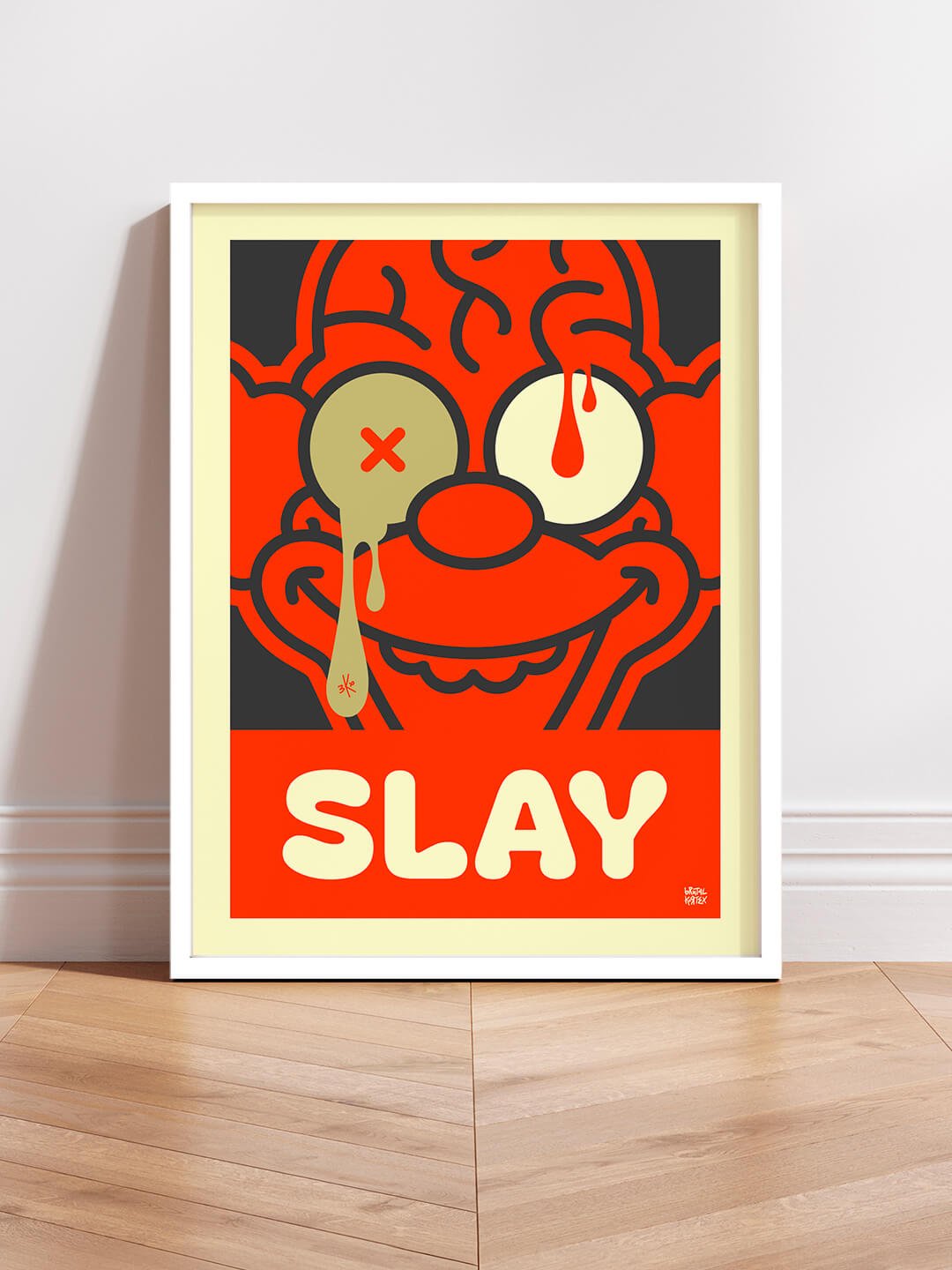 Affiche Grand Format Pop Art Krusty Le Clown "Slay" de Brutal Kortex - Edition Limitée. Affiche pop art représentant Krusty le Clown figé dans une tension mentale extrême, sur une palette rouge éclatante. Œuvre de Brutal Kortex – Slay - The Red Edition, 300 ex.