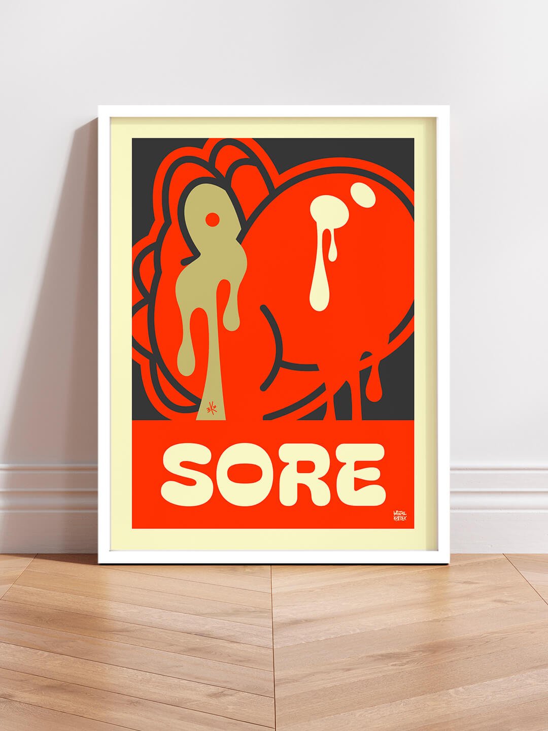 Affiche Grand Format Pop Art Yoshi "Sore" de Brutal Kortex - Edition Limitée. Affiche pop art mettant en scène Yoshi en état de douleur psychique, sur fond rouge intense. Illustration par Brutal Kortex – "Sore" édition spéciale The Red Edition, 300 exemplaires.
